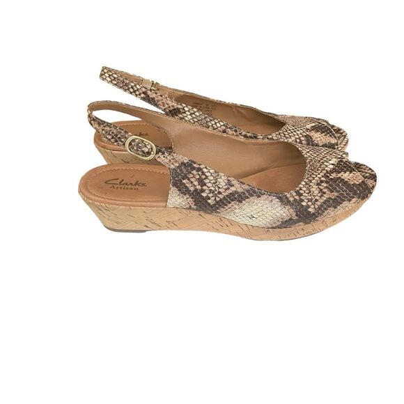 Clarks Artisan Peeptoe Slingback Cork Wedge Snakeskin Sandal Women's Size 9 - Picture 5 of 11